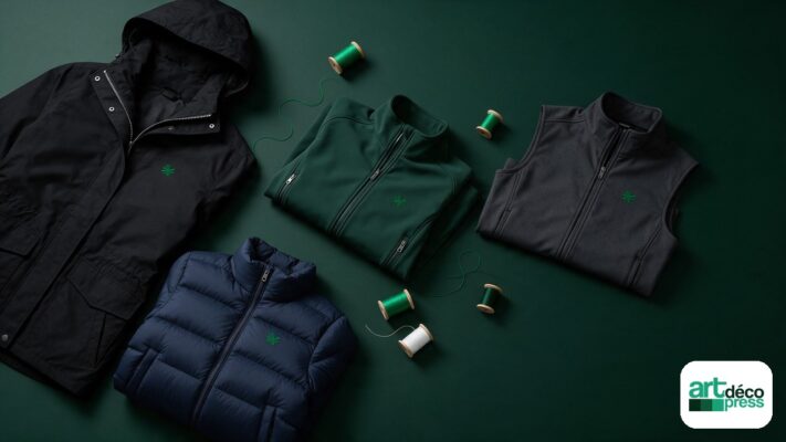 Parka, softshell, body warmer et doudoune brodés, Art déco press