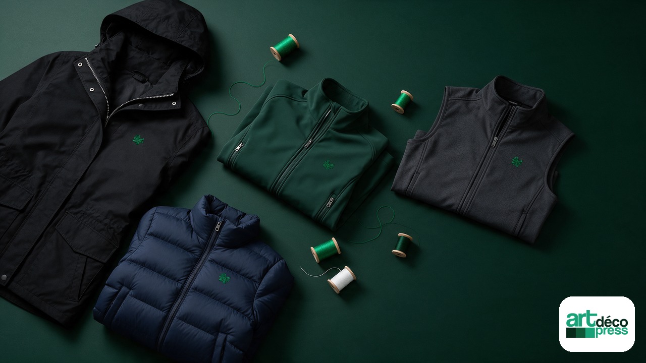Parka, softshell, body warmer et doudoune brodés, Art déco press